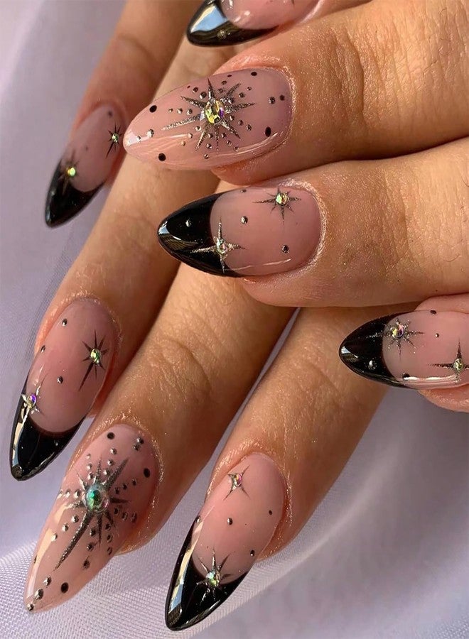 TBRZTR Black French Tip Press on Nails Medium Gold Glitter Rhinestones Design Almond Tip Press Ons False Nail Full Cover Artificial Nails Reusable Handmade Glue on Nails for Women 24Pcs - Image 1
